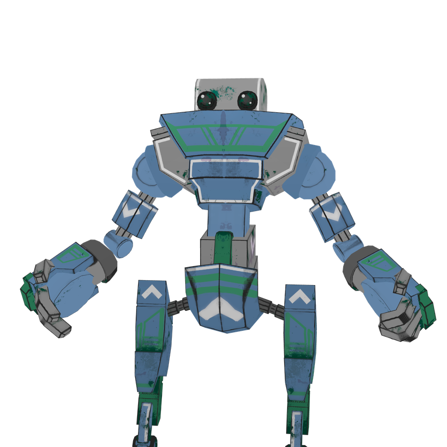 Kip, an indigo robot mech, cropped at the thigh and facing forward